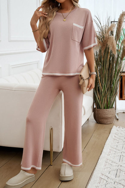 Contrast Trim Half Sleeve Top and Pants Set