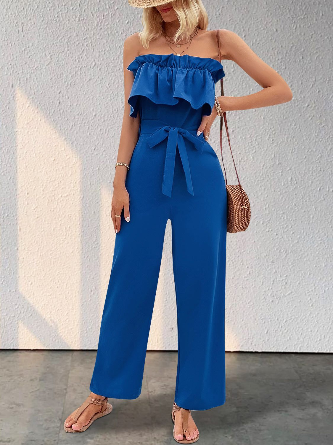 Perfee Ruffled Tie Waist Tube Jumpsuit