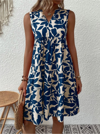 Printed Notched Sleeveless Mini Dress