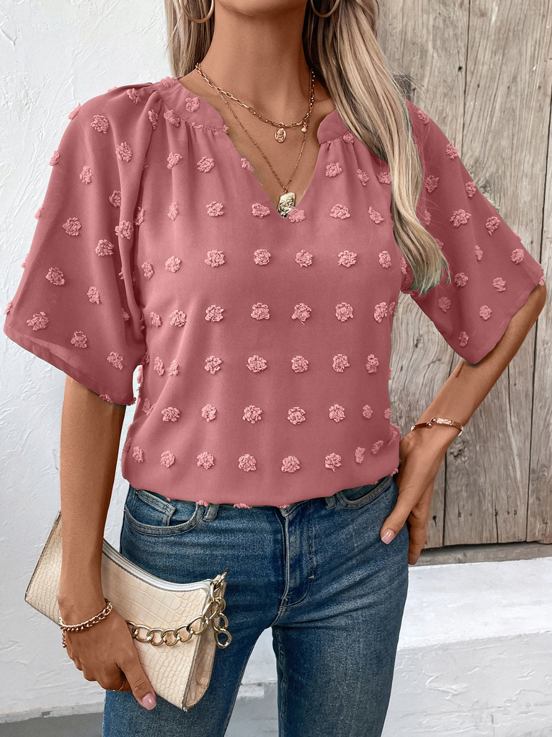 Swiss Dot Notched Half Sleeve Blouse