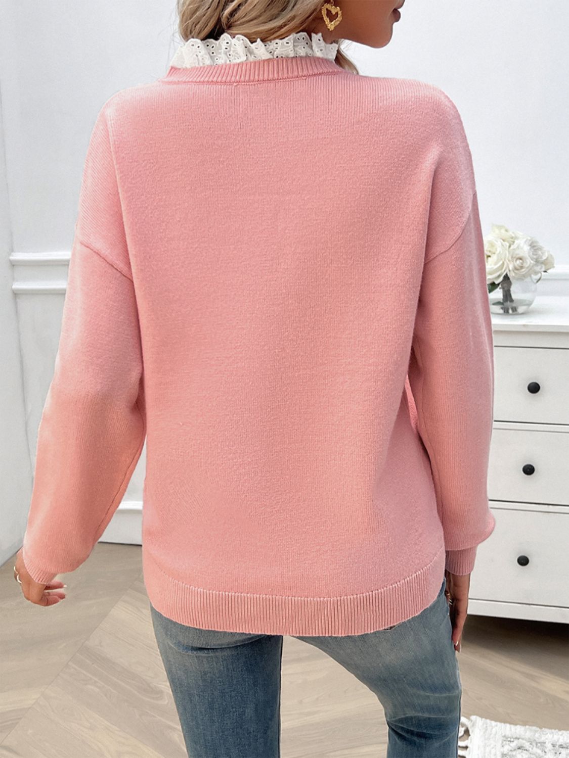 Lace Detail Notched Long Sleeve Sweater