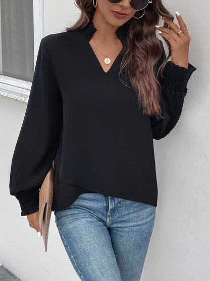 Smocked Notched Long Sleeve Blouse