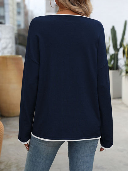 Contrast Trim Round Neck Long Sleeve Sweater