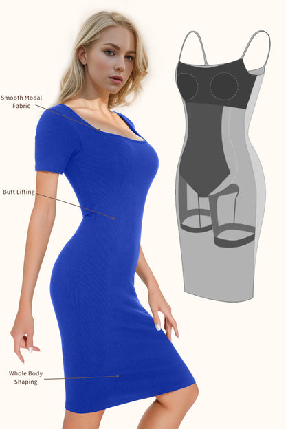 Basic Bae Full Size Built-In Shapewear Square Neck Short Sleeve Dress