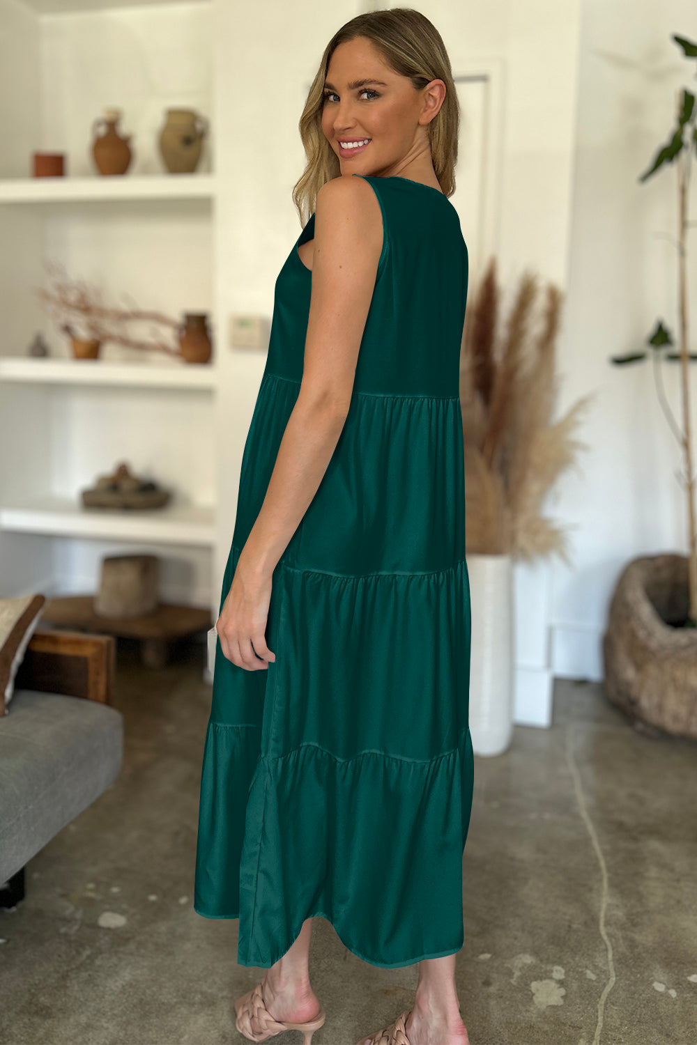 V-Neck Sleeveless Midi Tiered Dress