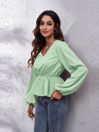 V-Neck Balloon Sleeve Peplum Blouse