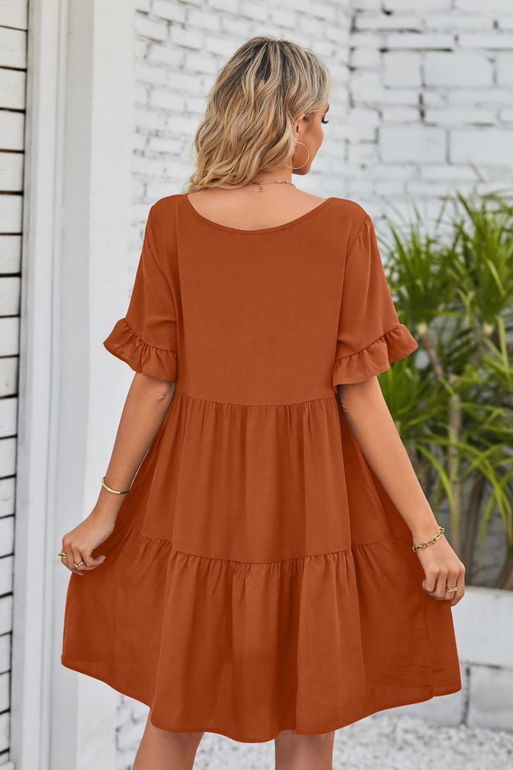 Mandy V-Neck Flounce Sleeve Tiered Dress