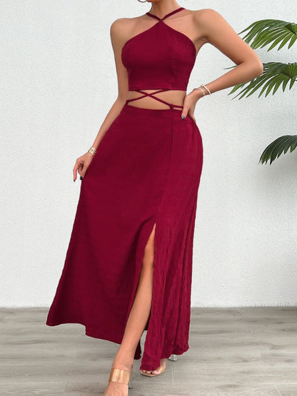 Devine Grecian Neck Top and Slit Skirt Set