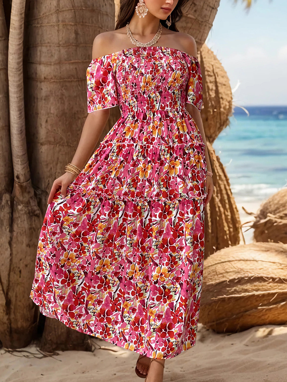 Perfee Slit Floral Off-Shoulder Short Sleeve Dress