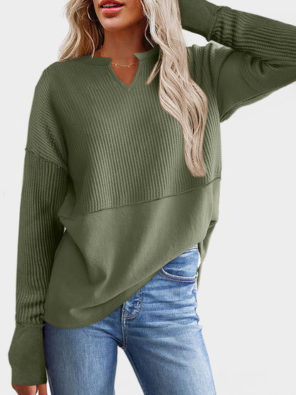 Waffle-Knit Notched Long Sleeve T-Shirt