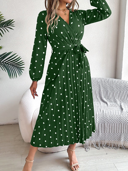 Tied Polka Dot Long Sleeve Midi Dress