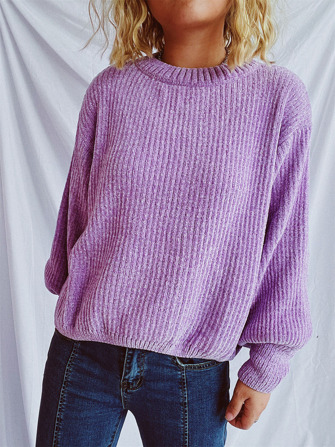 Round Neck Dropped Shoulder Long Sleeve Sweater