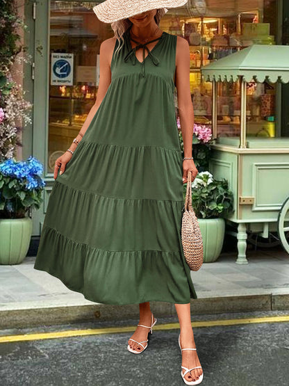 Perfee Tiered Tie Neck  Midi Dress