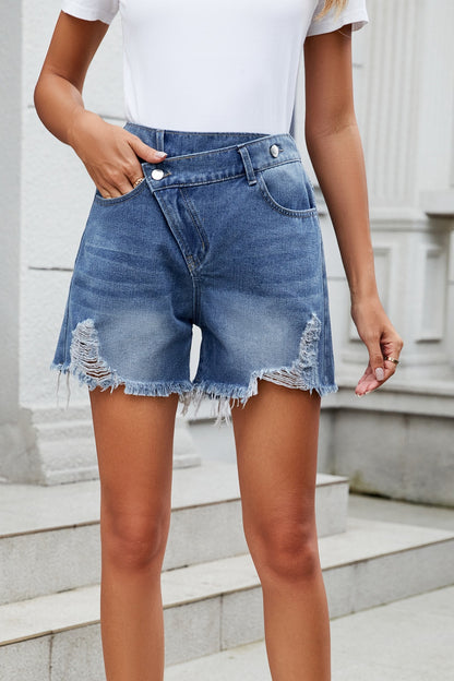 Distressed Raw Hem Asymmetric Waist Denim Shorts