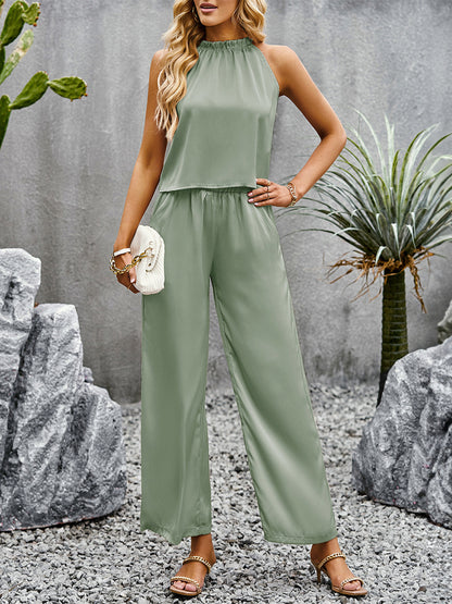 Devine Grecian Neck Sleeveless Pocketed Top and Pants Set