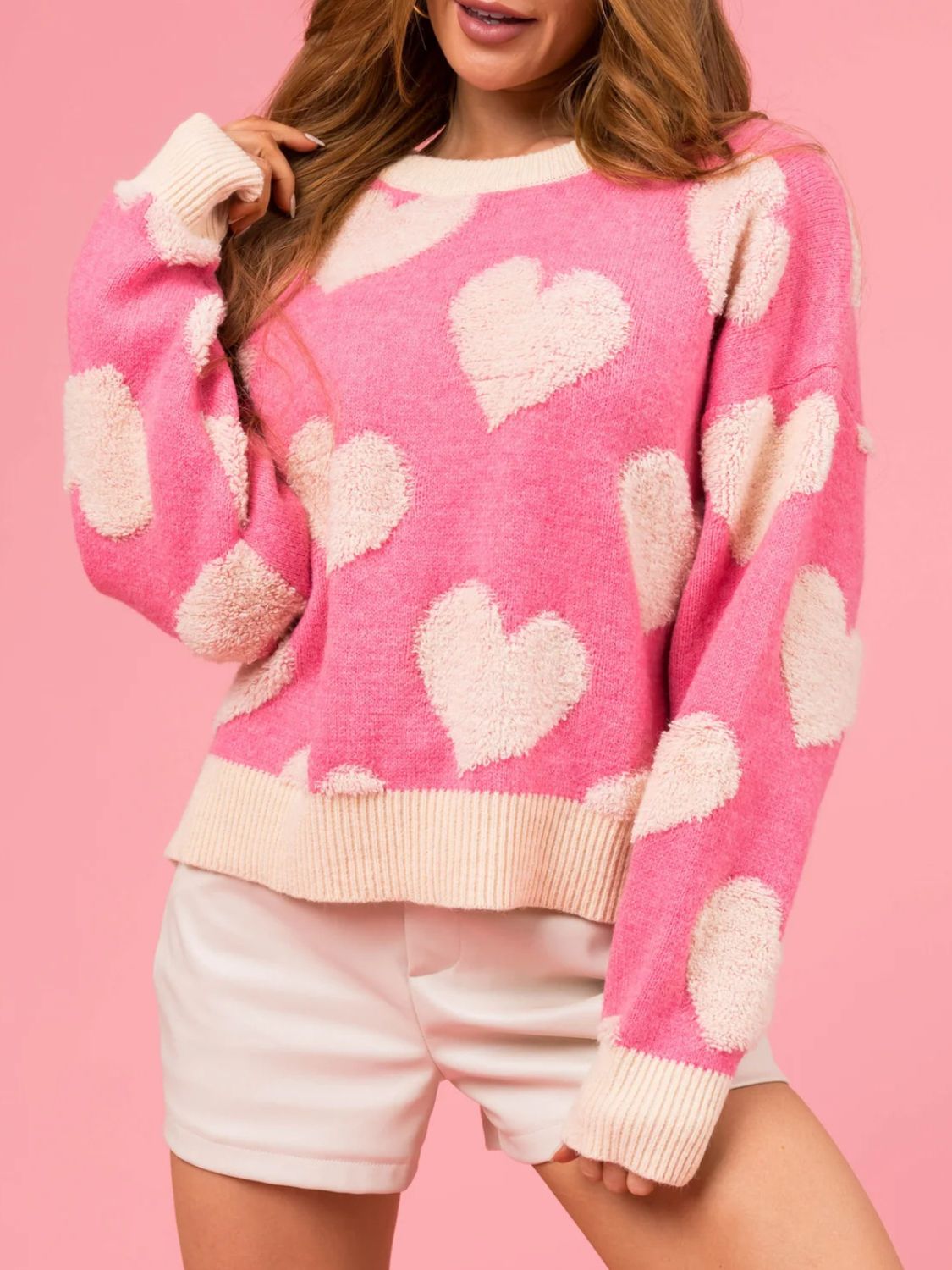 Valentine’s Day Fuzzy Heart Round Neck Long Sleeve Sweater