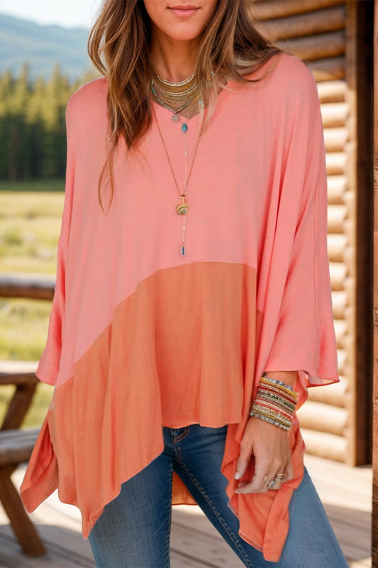 Contrast V-Neck Batwing Sleeve Blouse