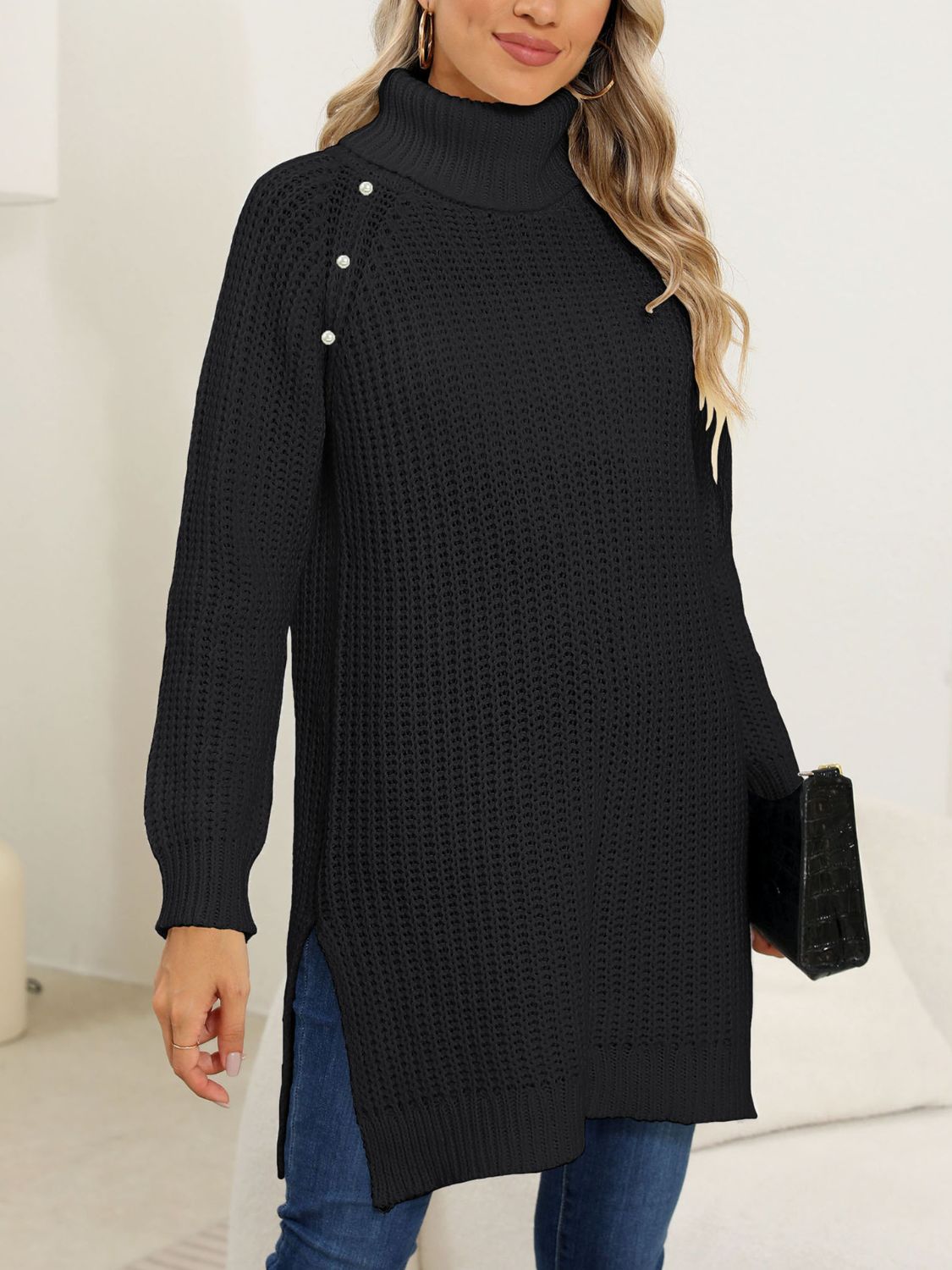 Slit Turtleneck Long Sleeve Sweater