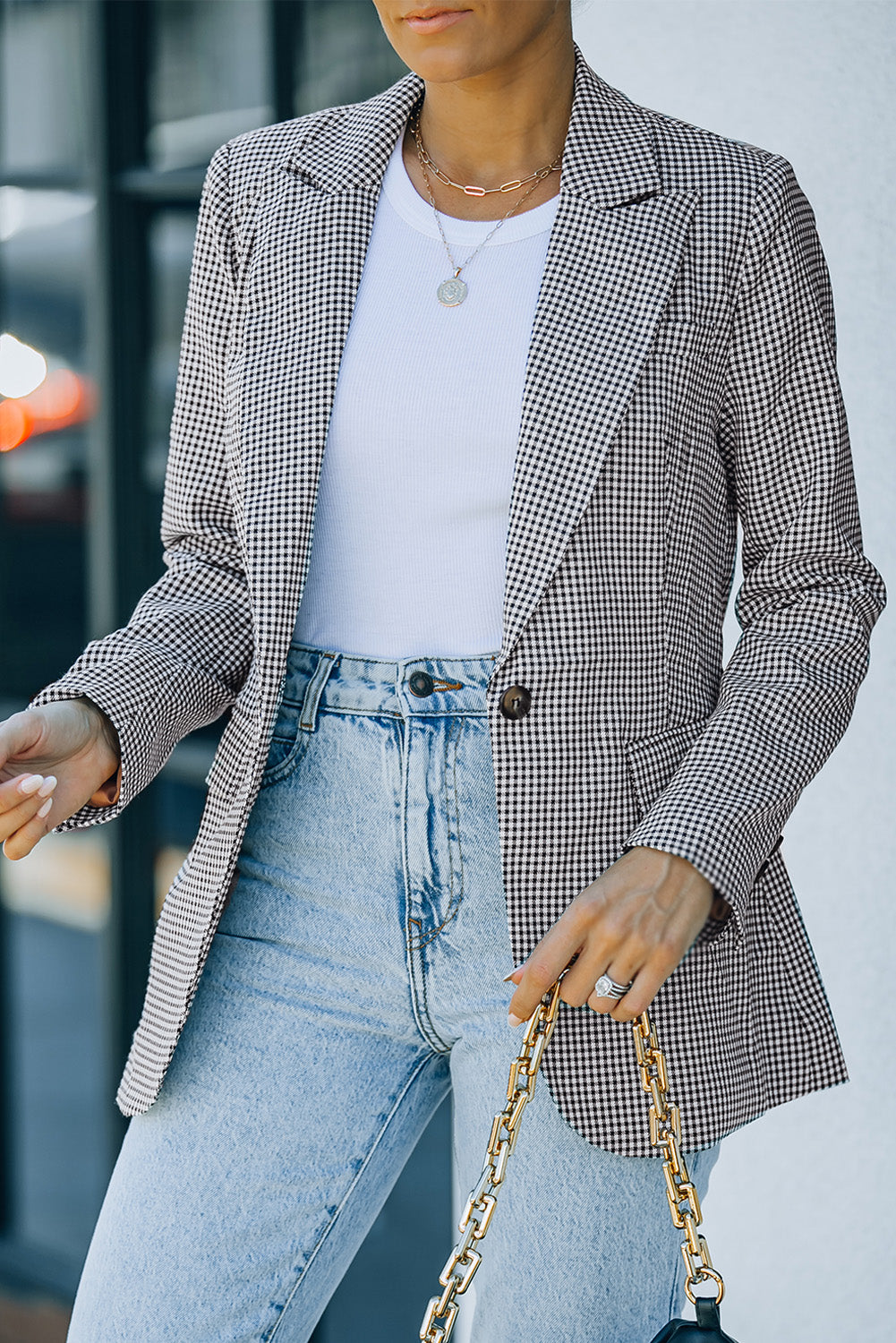 Plaid Lapel Collar Button Cuff Blazer