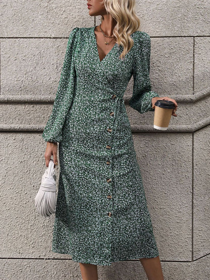 Printed Surplice Long Sleeve Midi Dress