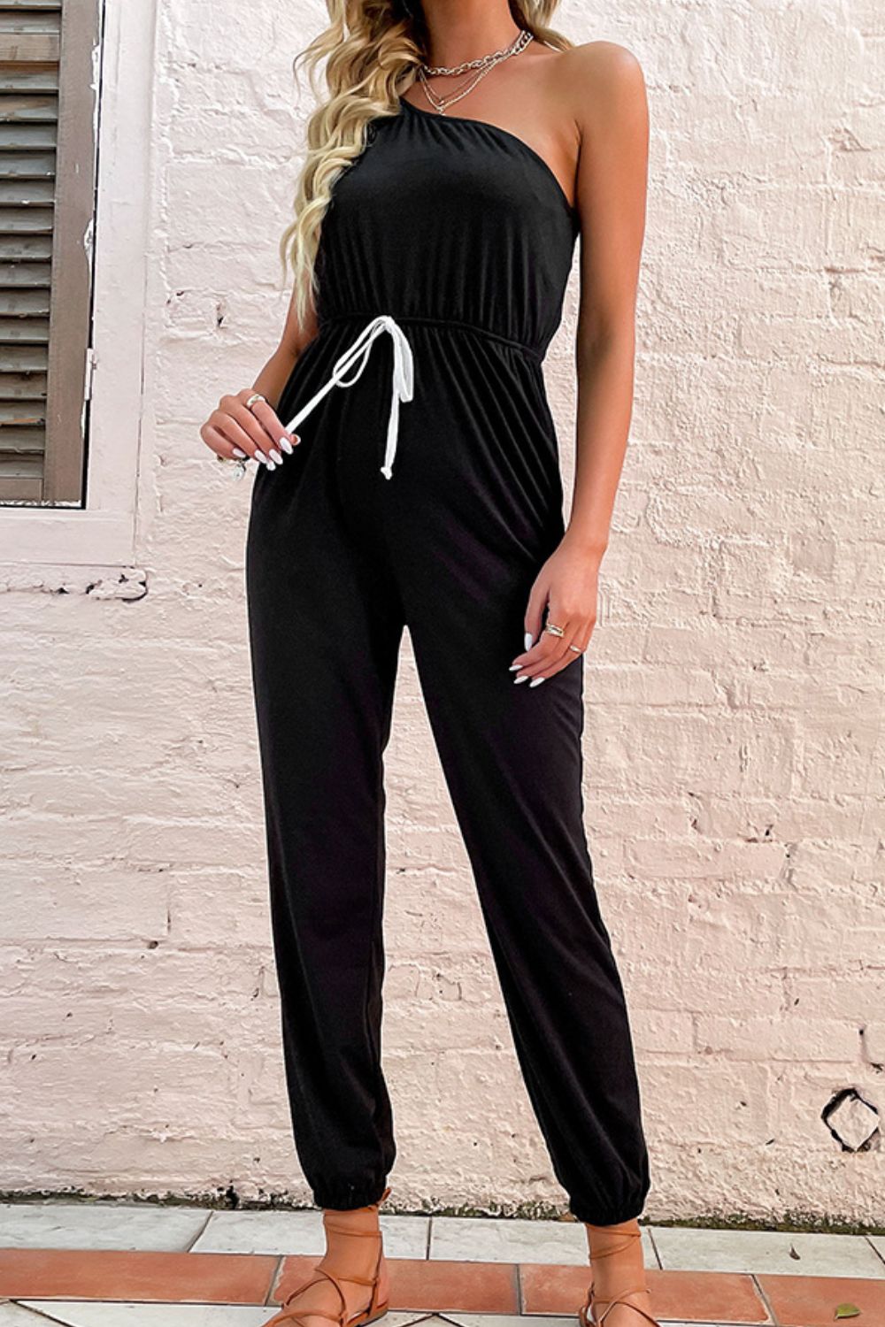 Perfee One-Shoulder Drawstring Waist Jogger Jumpsuit