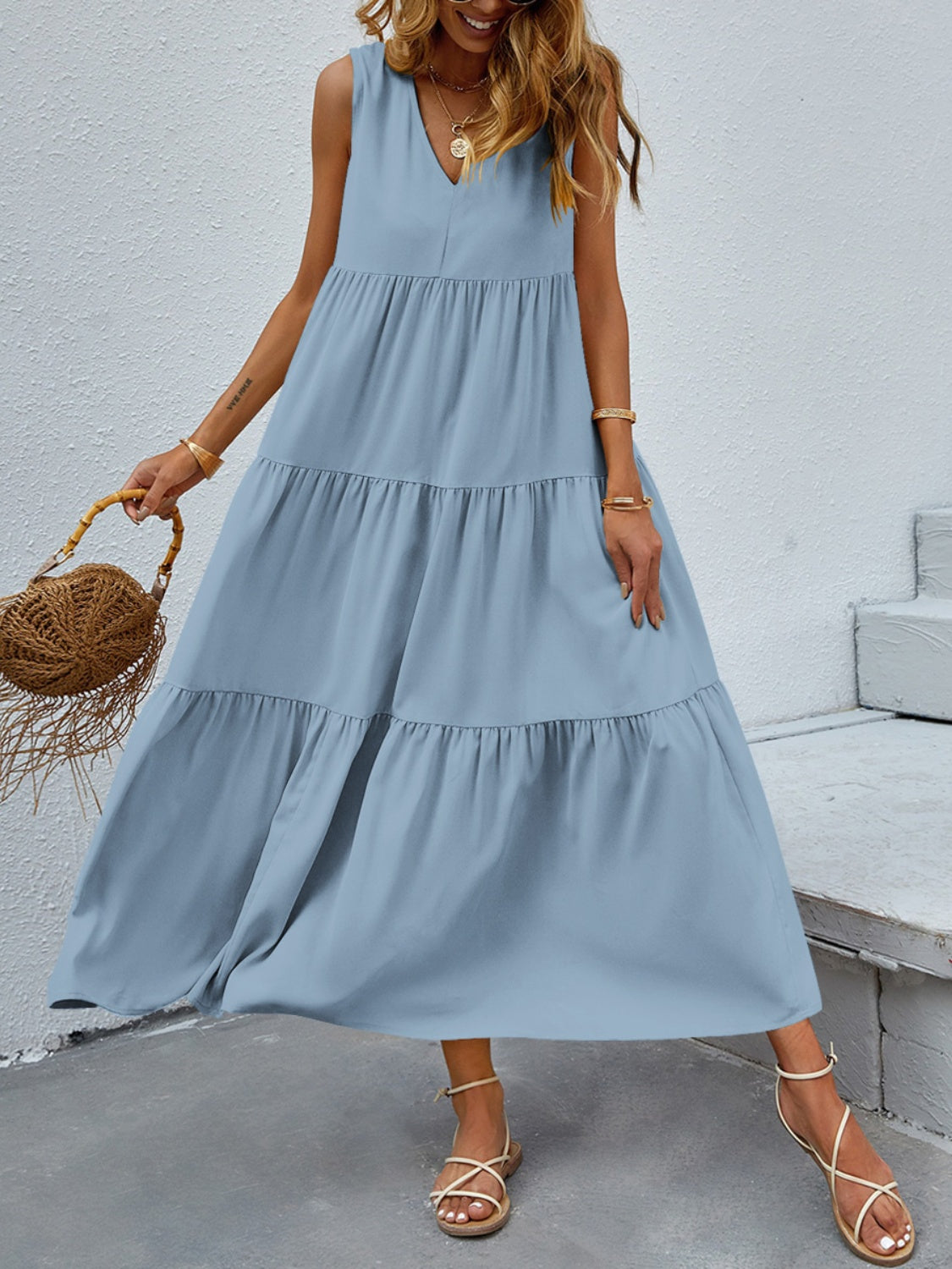 Tiered V-Neck Sleeveless Dress