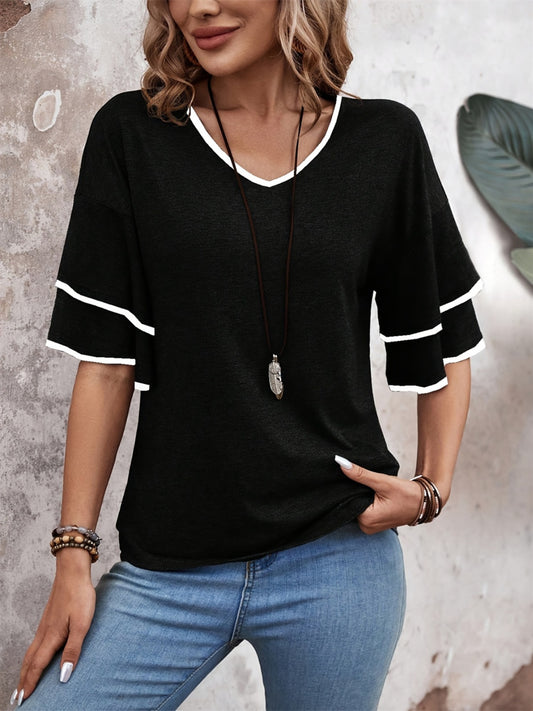 Contrast Trim V-Neck Half Sleeve Blouse