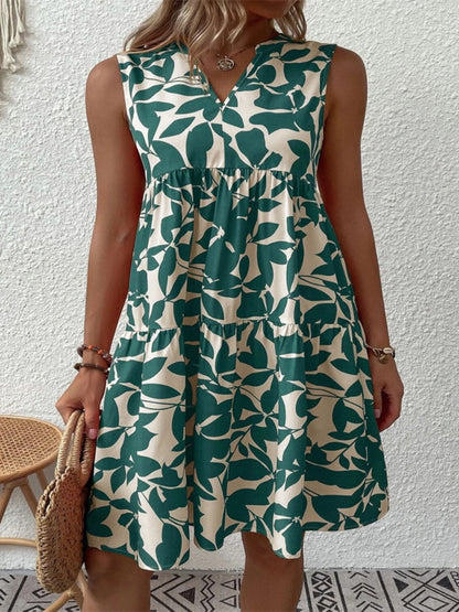 Printed Notched Sleeveless Mini Dress