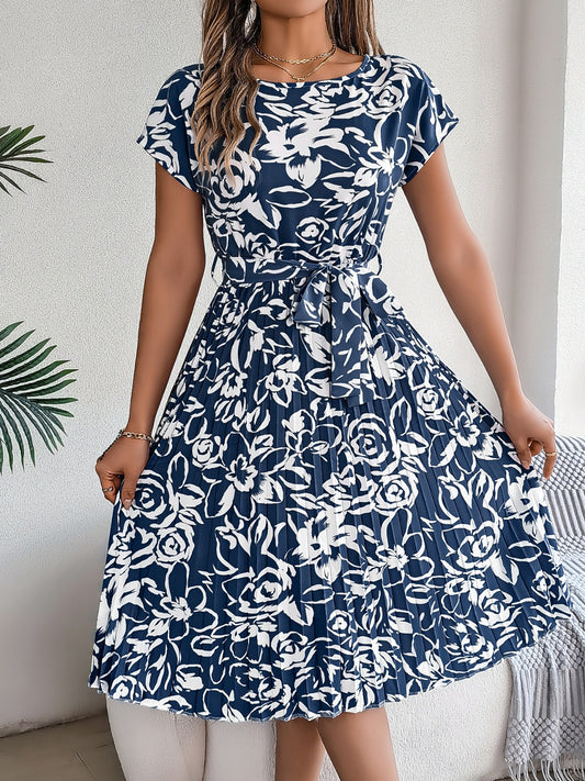 Tied Pleated Printed Short Sleeve Dress