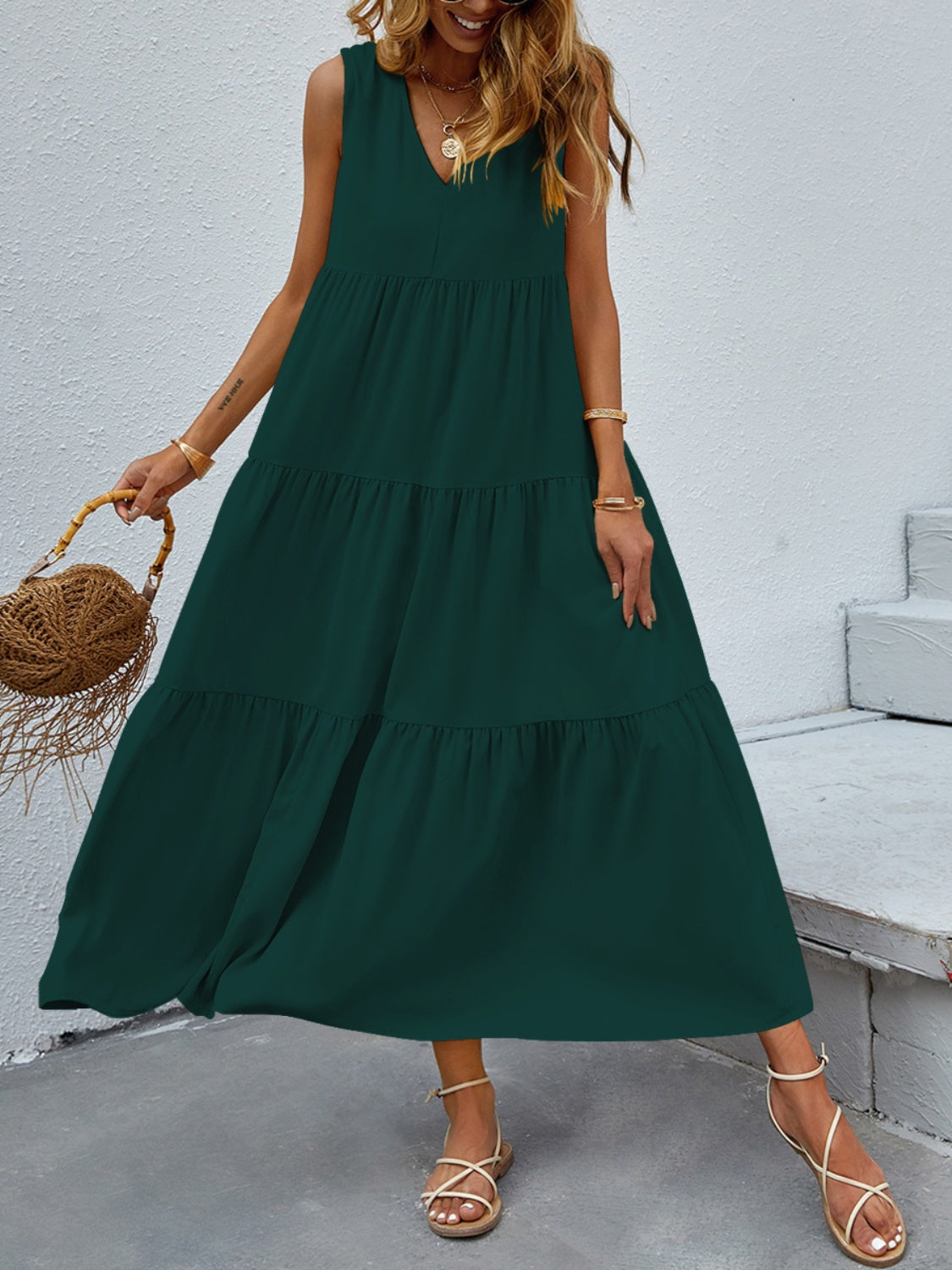 Tiered V-Neck Sleeveless Dress