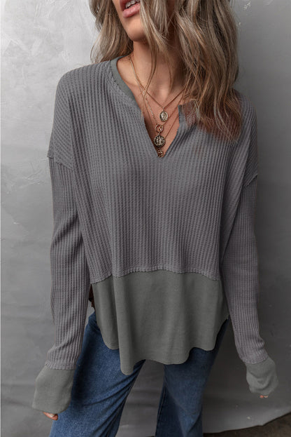 Waffle-Knit Exposed Seam Notched Long Sleeve Top