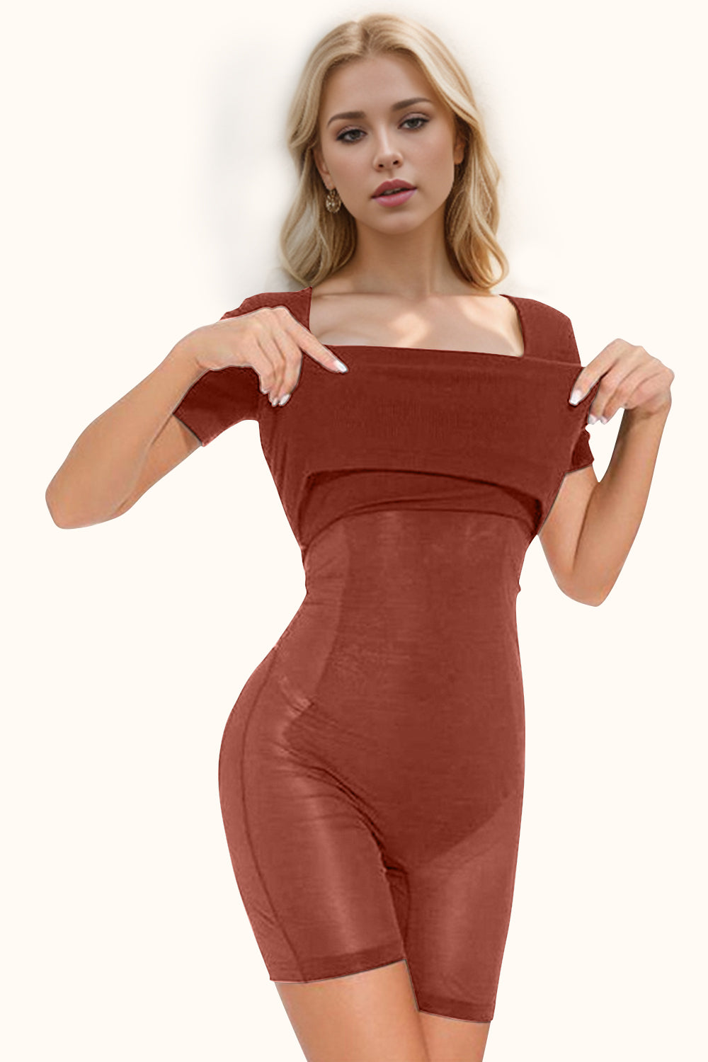 Basic Bae Full Size Built-In Shapewear Square Neck Short Sleeve Dress