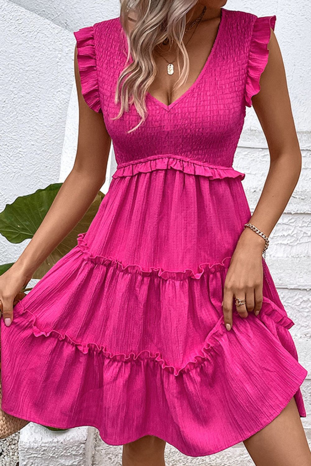 Perfee Smocked Frill Trim Deep V Dress