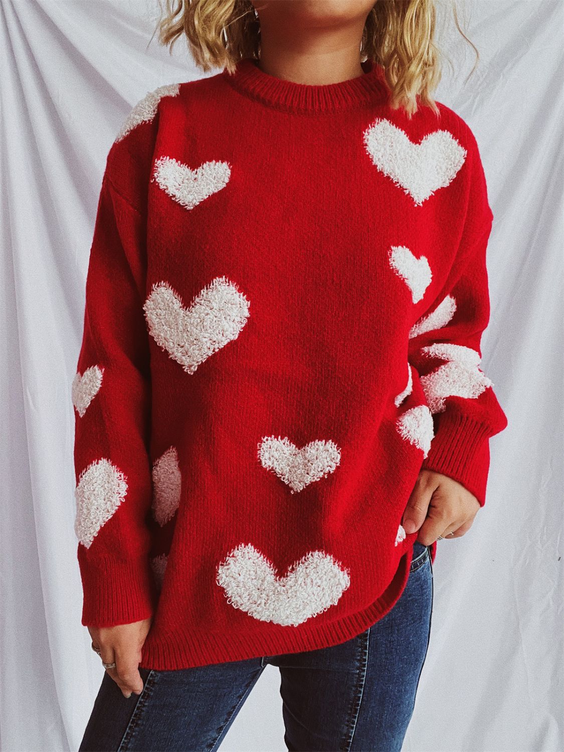 Heart Round Neck Dropped Shoulder Sweater