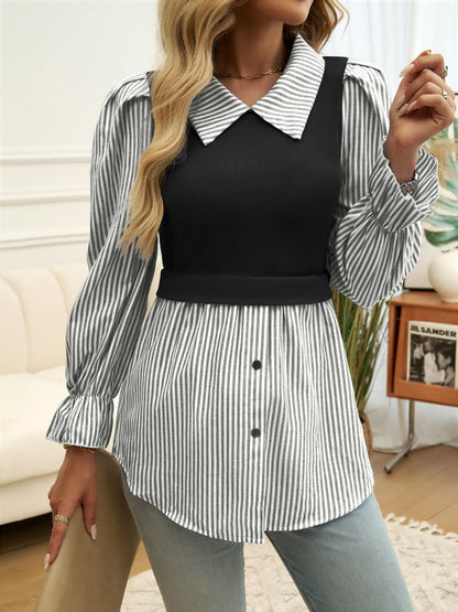 Faux Layered Striped Collared Neck Long Sleeve Shirt