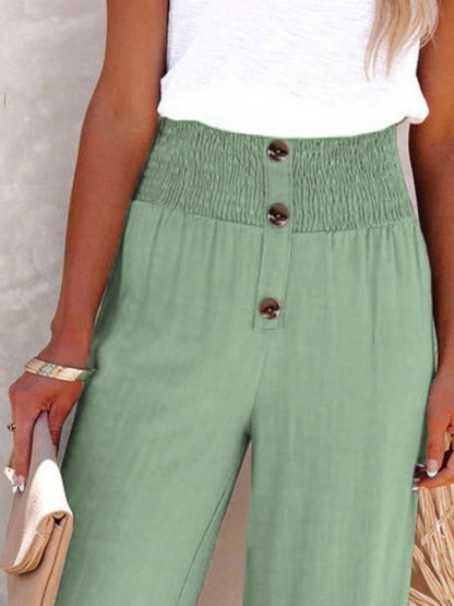 Full Size Decorative Button High Waist Pants