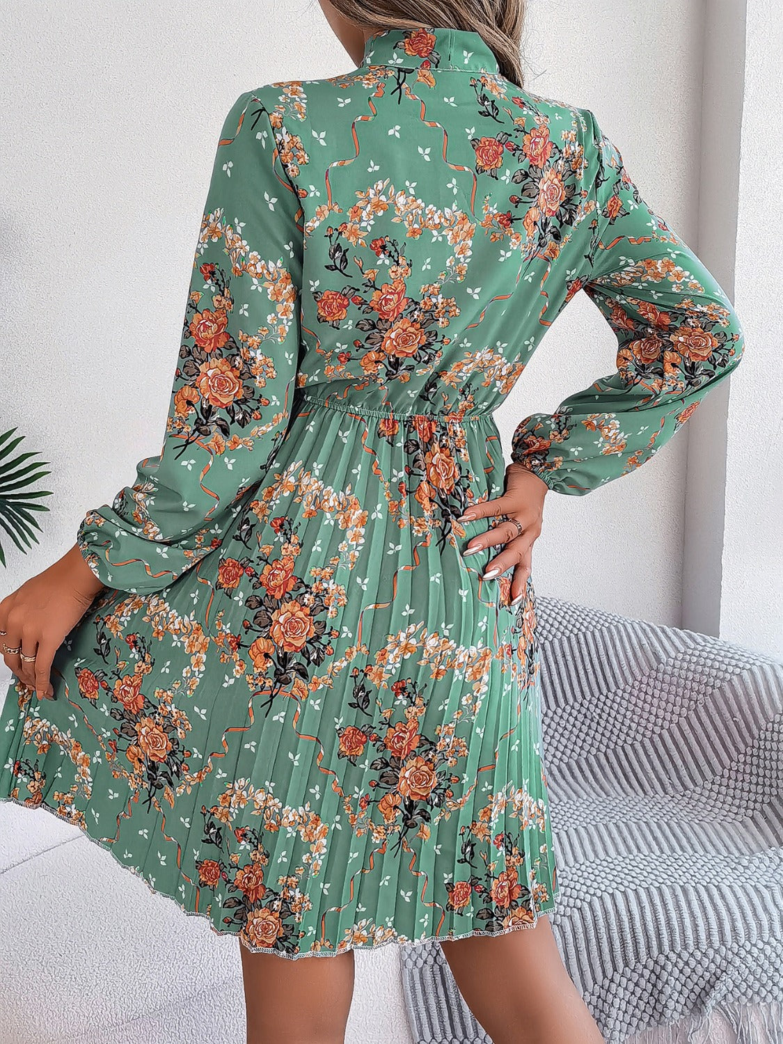 Pleated Printed Tie Neck Long Sleeve Dress