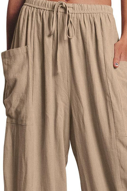 Full Size Pocketed Drawstring Wide Leg Pants