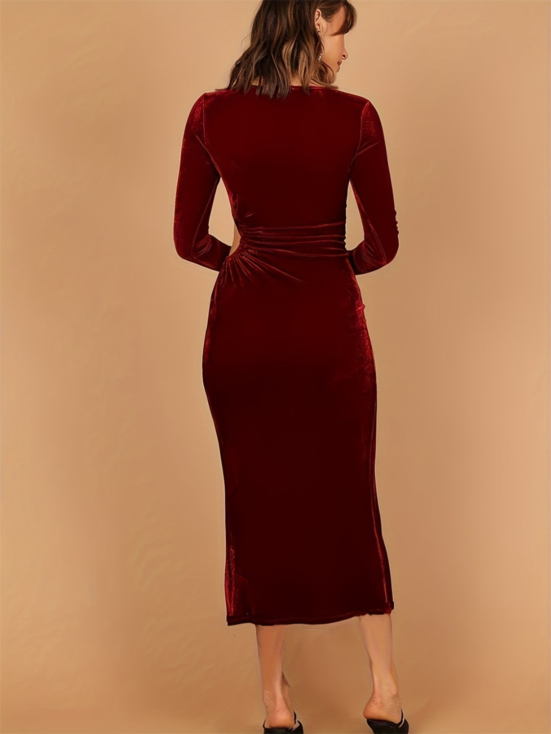 Cutout Side Slit Boat Neck Long Sleeve Dress