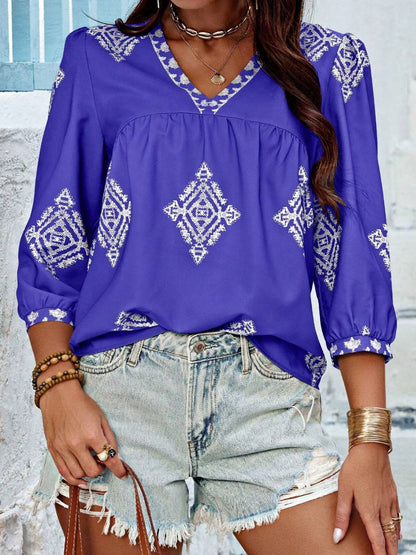 Printed V-Neck Three-Quarter Sleeve Blouse