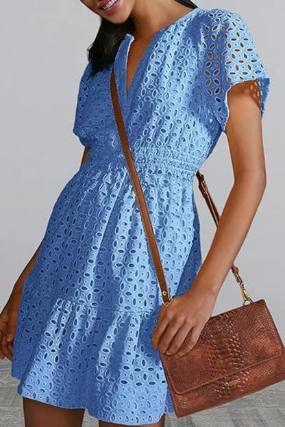 Eyelet Notched Short Sleeve Mini Dress