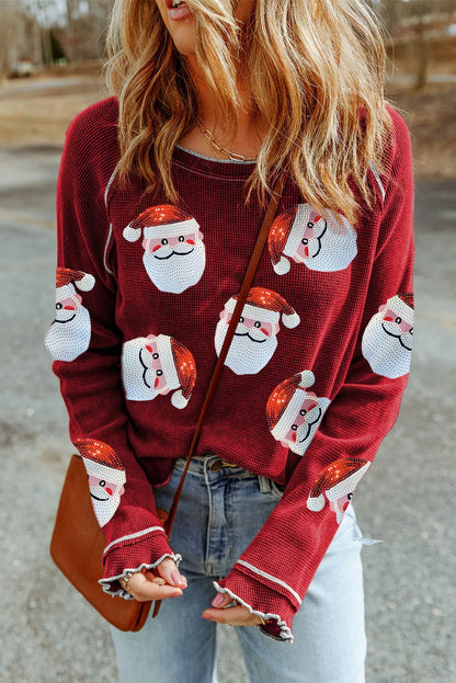 Sequin Santa Round Neck Long Sleeve Blouse