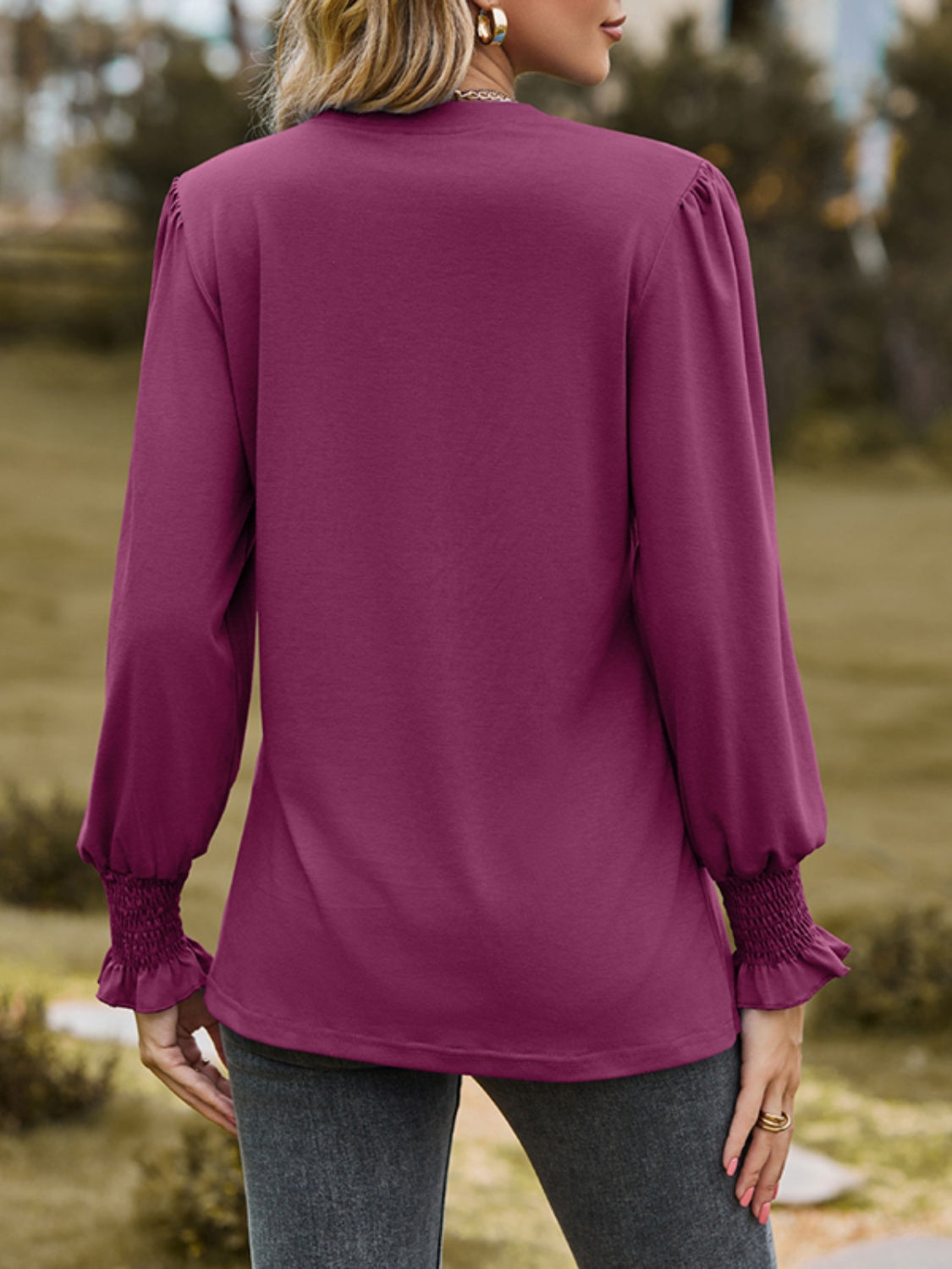 Ruched Notched Long Sleeve T-Shirt