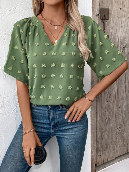 Swiss Dot Notched Half Sleeve Blouse