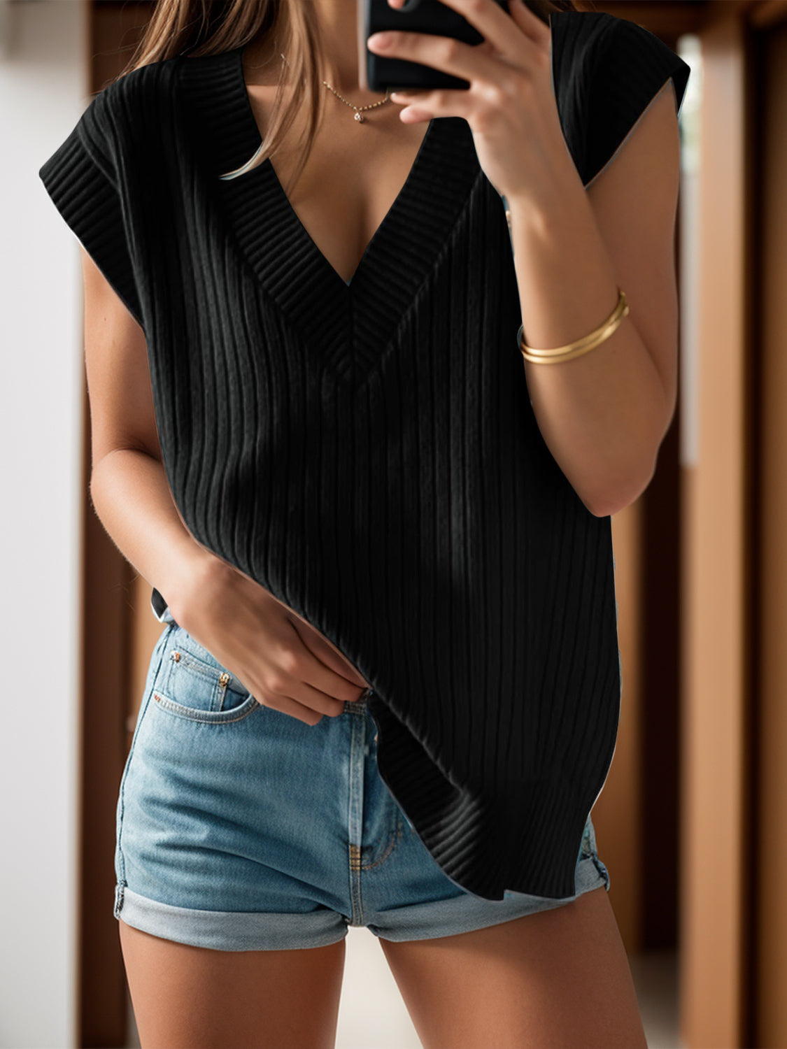 V-Neck Cap Sleeve Knit Vest