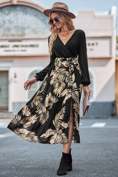 Printed Tie Waist Long Sleeve Dress