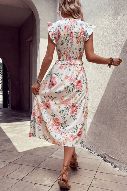 Perfee Floral Smocked Butterfly Sleeve Slit Dress