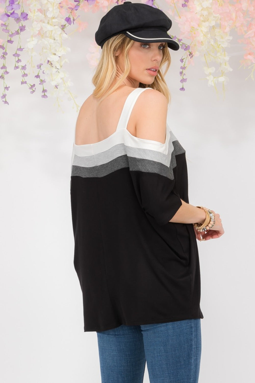 Celeste Full Size Striped Cold Shoulder Top