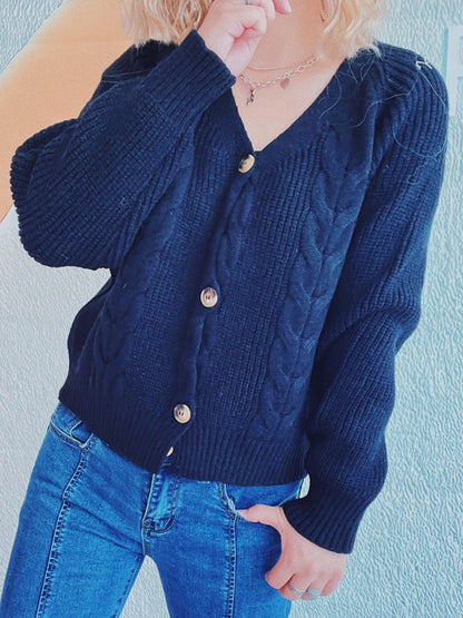 Cable-Knit V-Neck Button Down Long Sleeve Cardigan