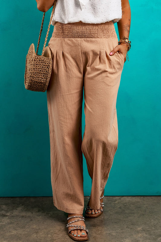 Smocked Elastic Waist Pants with Pockets